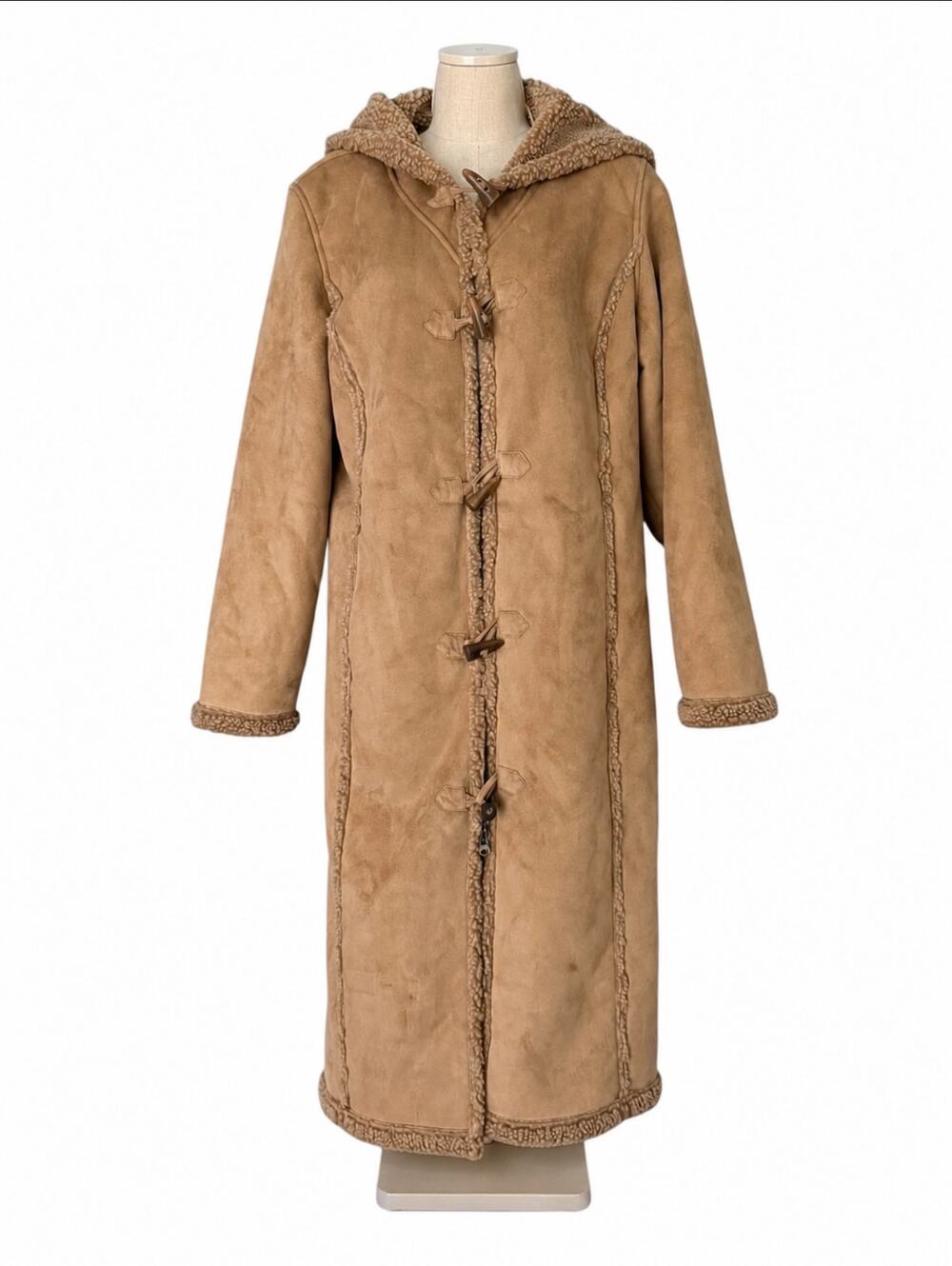 L.L.Bean Y2K Faux Suede Sherpa Maxi Duffle Coat Women’s L Hood Toggle Brown Tan